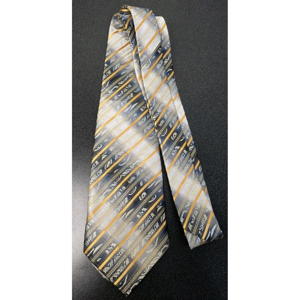 New GIORGIO ARMANI Luxury Gray Gold Striped 100% Silk Mens Necktie Career Italy